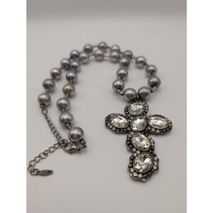 VCLM Silver Tone Beaded Necklace with Rhinestone Cross‎ Pendant Women's